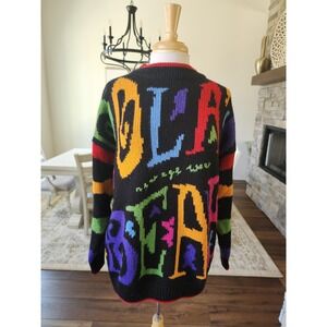 VTG 80s Polar Bear Cervelle Letters Graphic Knit Wool Blend Oversize Sweater